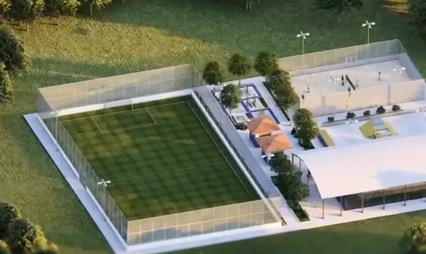 Um novo Campo de futebol society com grama sintética, perfeito para a prática esportiva!